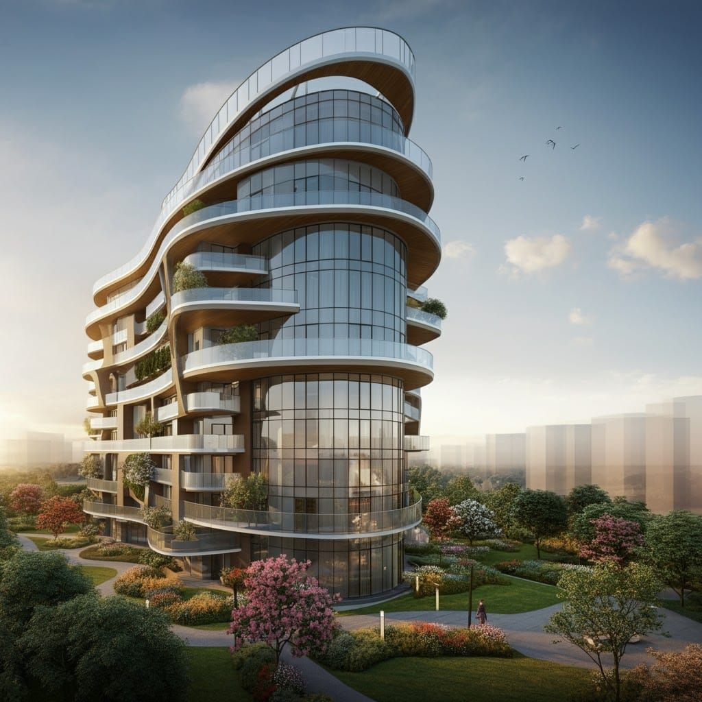 Luxury Residential Building with Sleek, Curved Facade