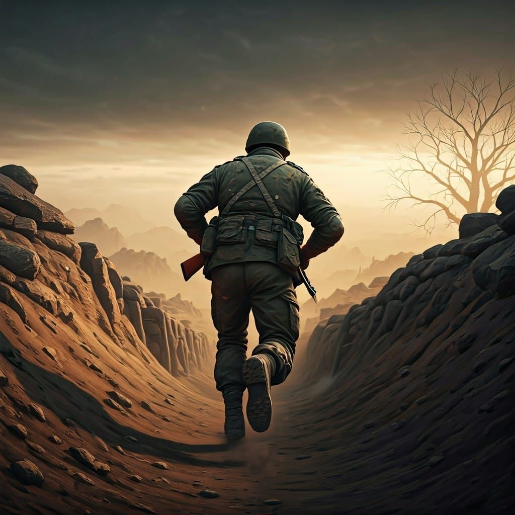 Battle-Hardened Soldier Sprints to Trench in Desolate Landsc...