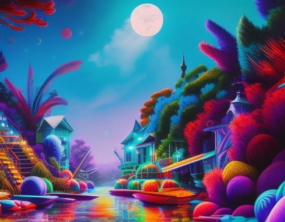 Psychedelic Sailboat Kite Scene in Graffiti Art Style