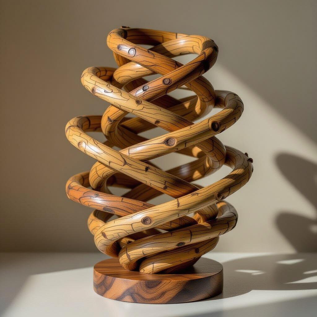 Abstract Wooden Spiral Sculpture with Dramatic Lighting