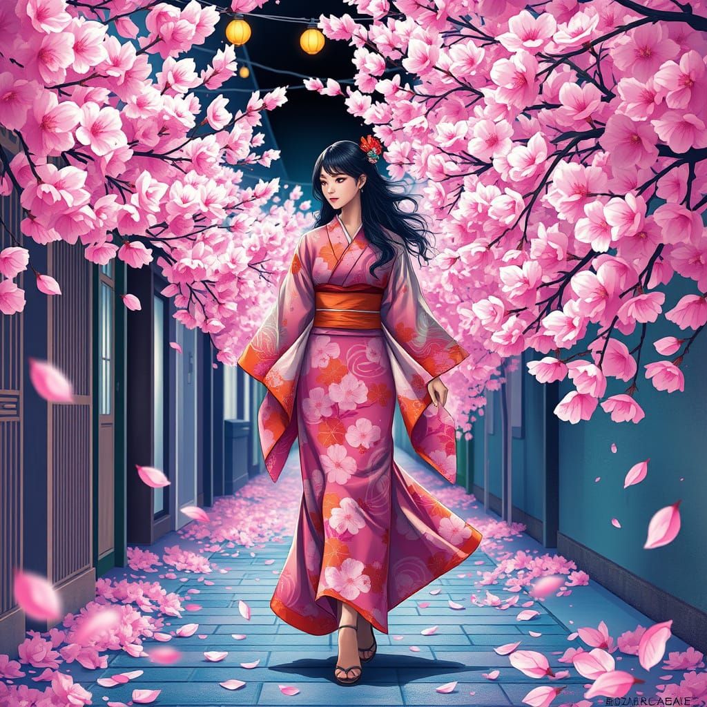 Sakura Goddess Strolls Down Blossoming Alleyway in Tradition...