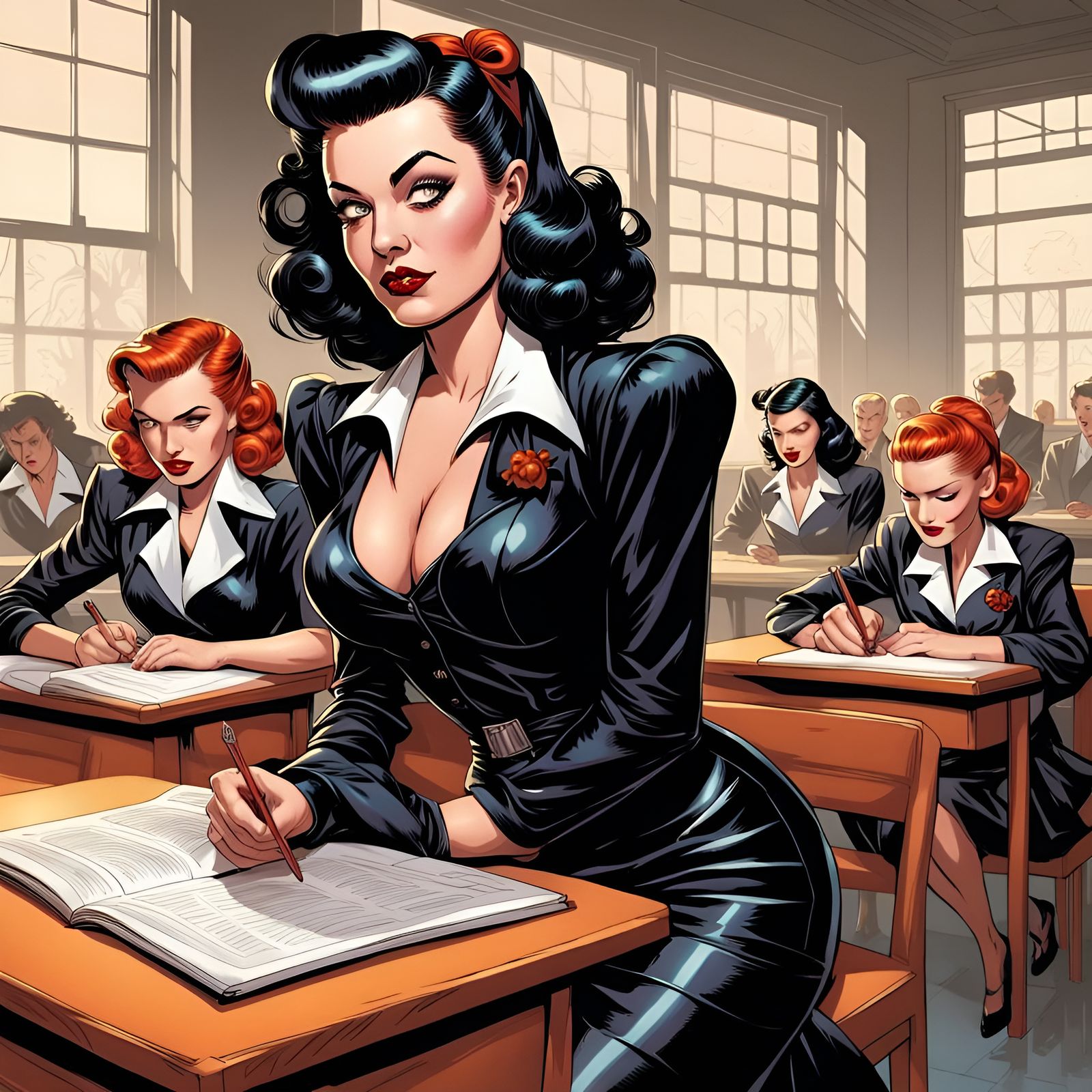 1940s Pinup Goth Woman at Halloween School