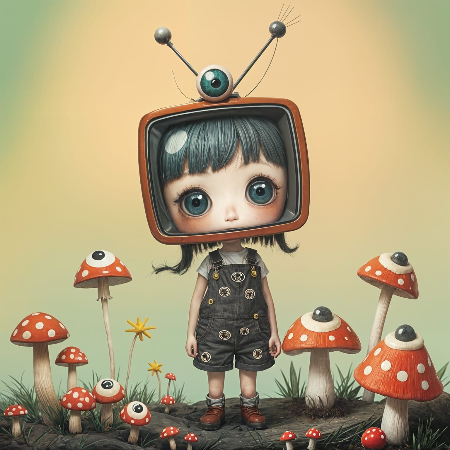 Futuristic Girl with TV Head and Mushroom Love