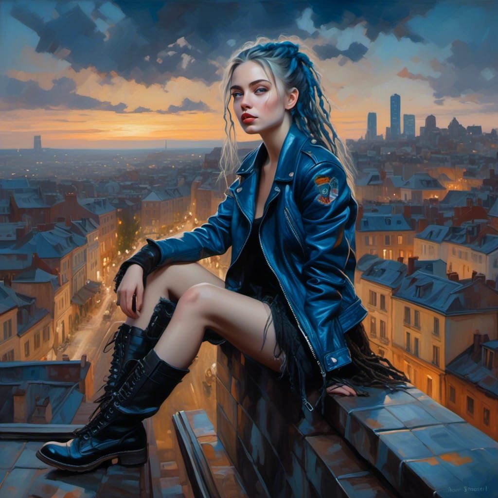Blue-Eyed Beauty Overlooking City in Oil Painting