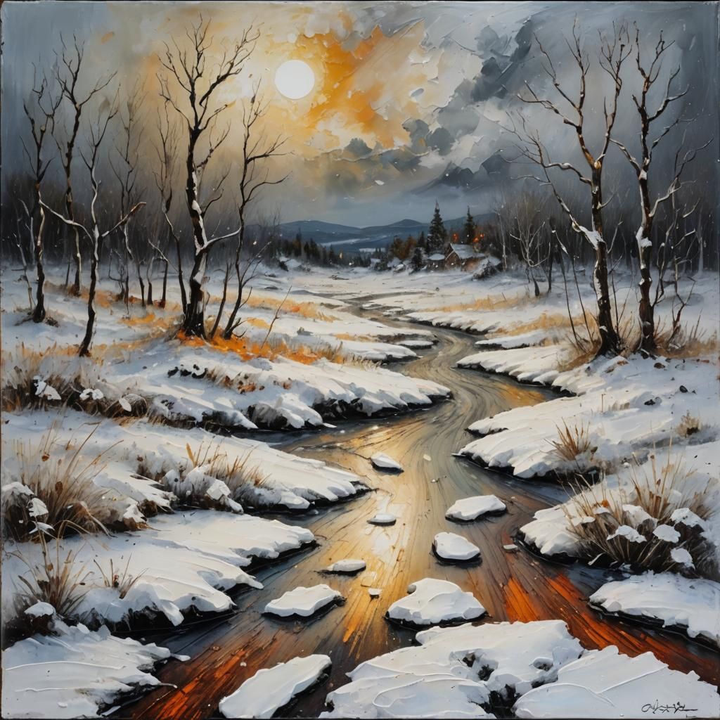 Encaustic Winter Landscape Painting with White Elan