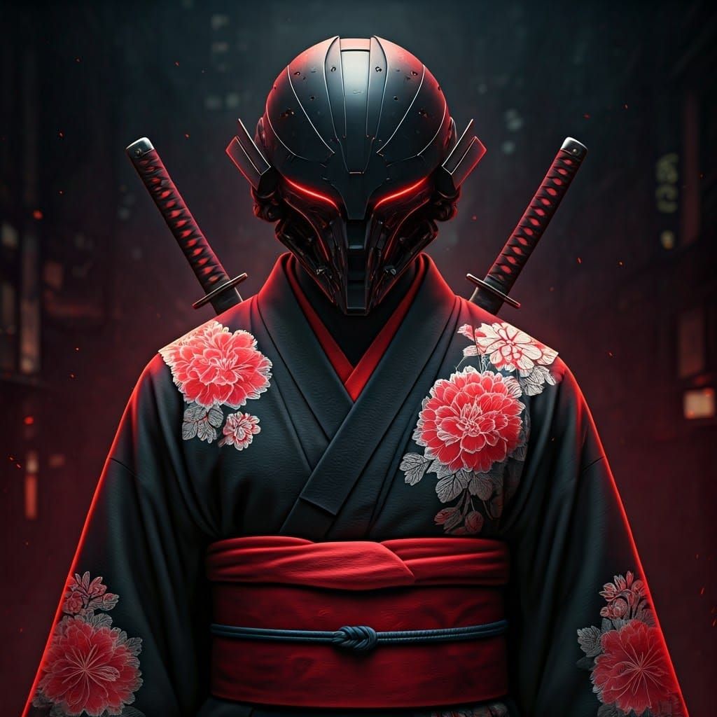 Cyberpunk Figure in Traditional Japanese Armor