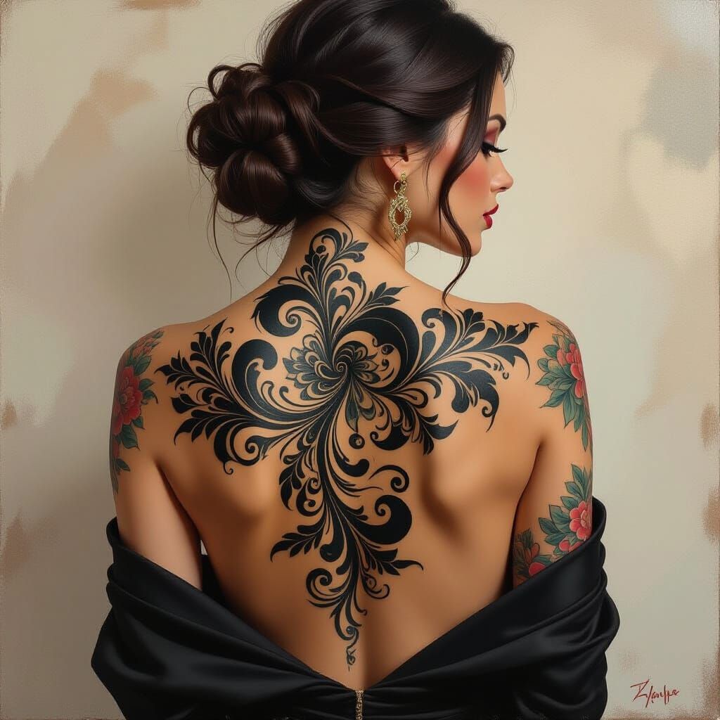 Woman With Baroque Tattoos As Oil Painting