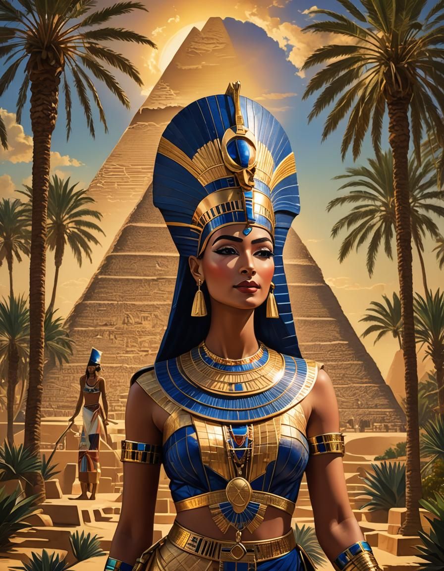 Egyptian Queen Before Giza Pyramid in Klimt Style