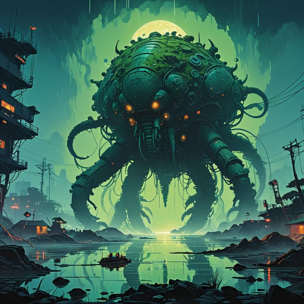 Ancient Bioluminescent Leviathan in Neon-Noir Style