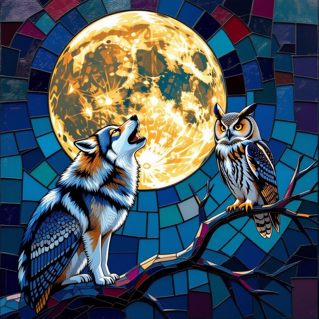 Wolf Howling Mosaic with Owl, Hyperrealistic Style