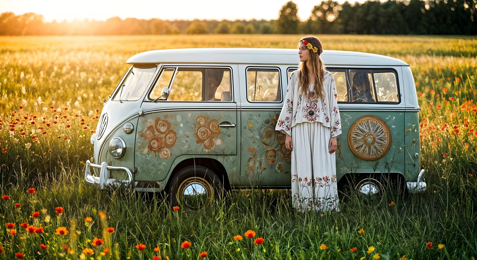 Hippie Woman in Flower Field at Golden Hour