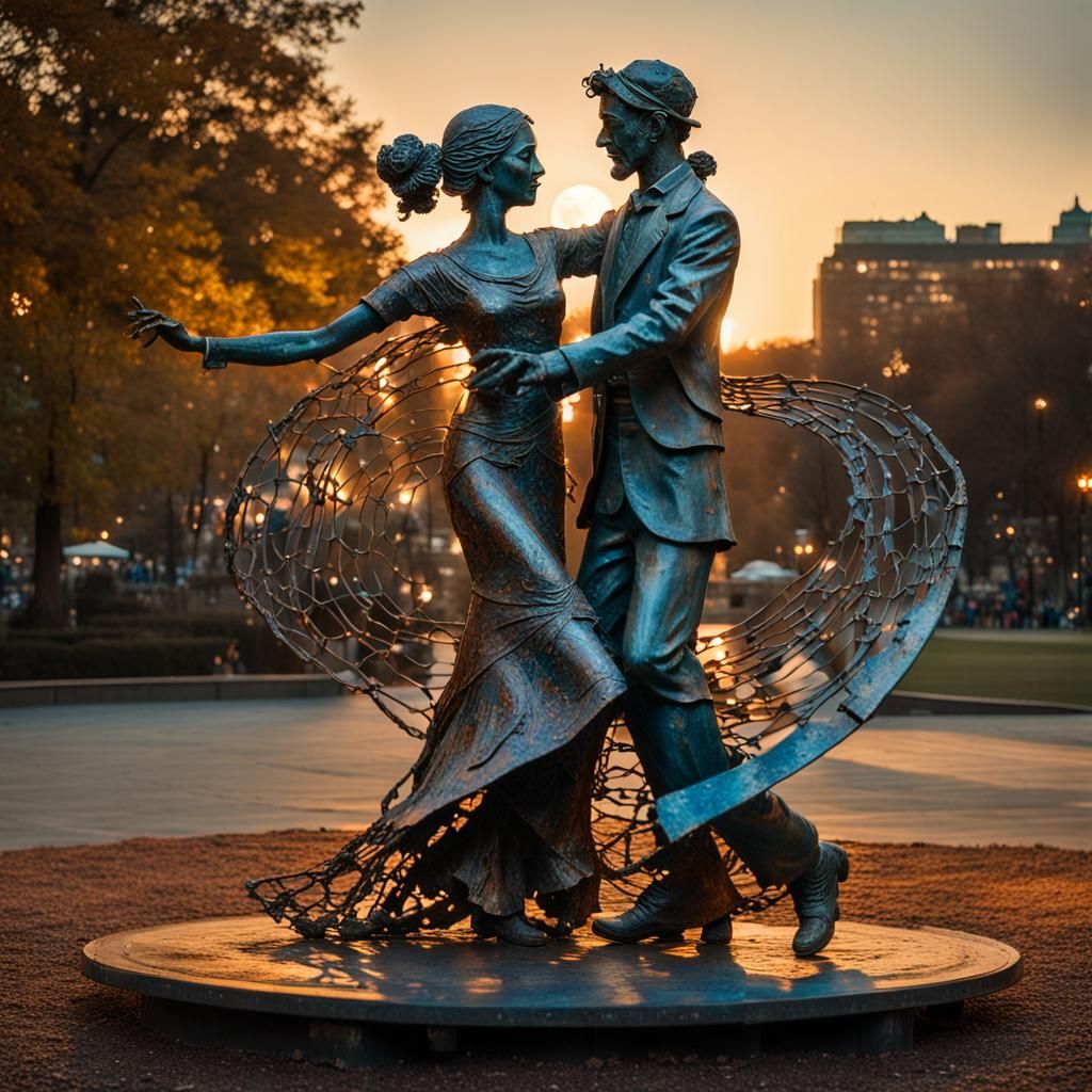 Dancing metal statues