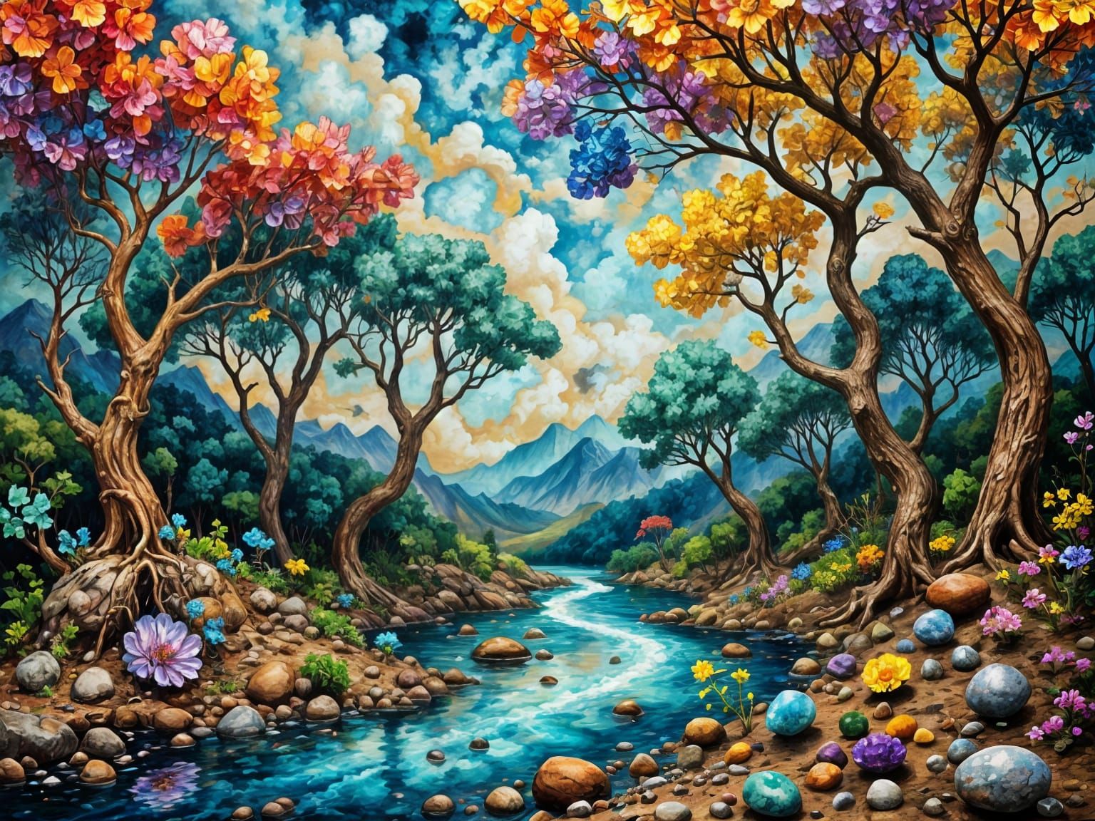 Whimsical Forest with Gemstone Stream in Stained Glass Style