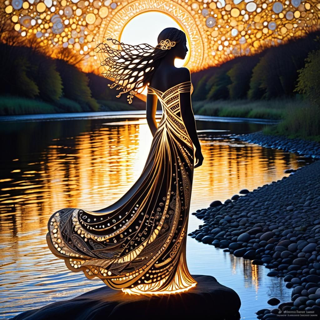 Woman in Runes Dress by River in Zentangle Style