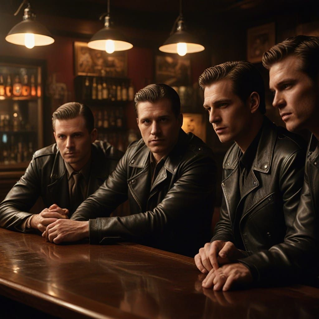 Dramatic Film Noir: Men in Leather in Smoky Bar