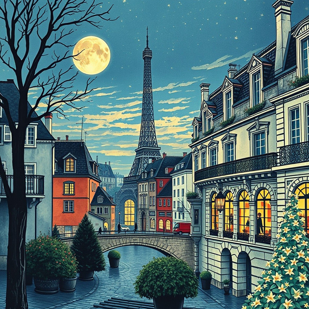 Moonlit Paris Heritage: A Bright Vintage Illustration