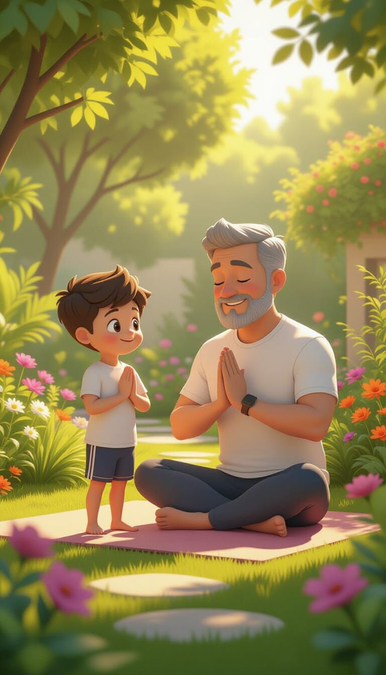 Father and Son Yoga in a 3D Garden