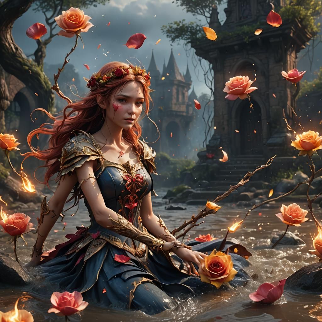 Elemental Fairy with Mud, Water, Fire and Rose Petals