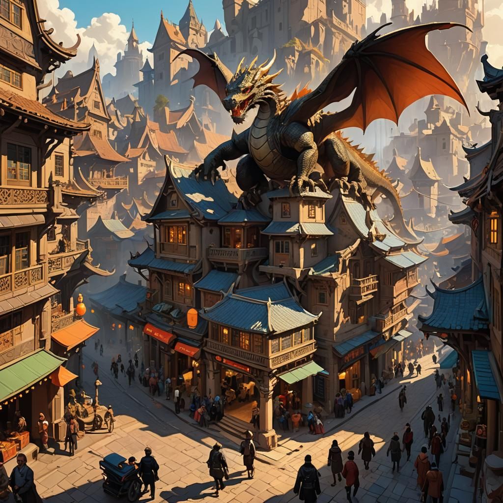 Dragons and Humans Coexisting in Cyberpunk Village