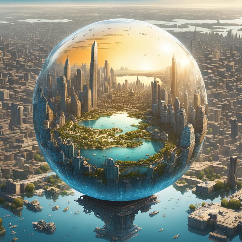 Orb Containing a Detailed Mega-City on Lake