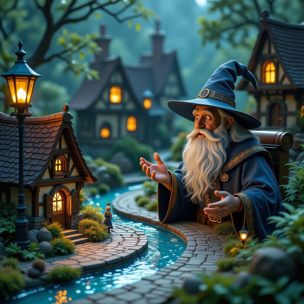 Wizard Observes Miniature Landscape in Fantasy Concept Art