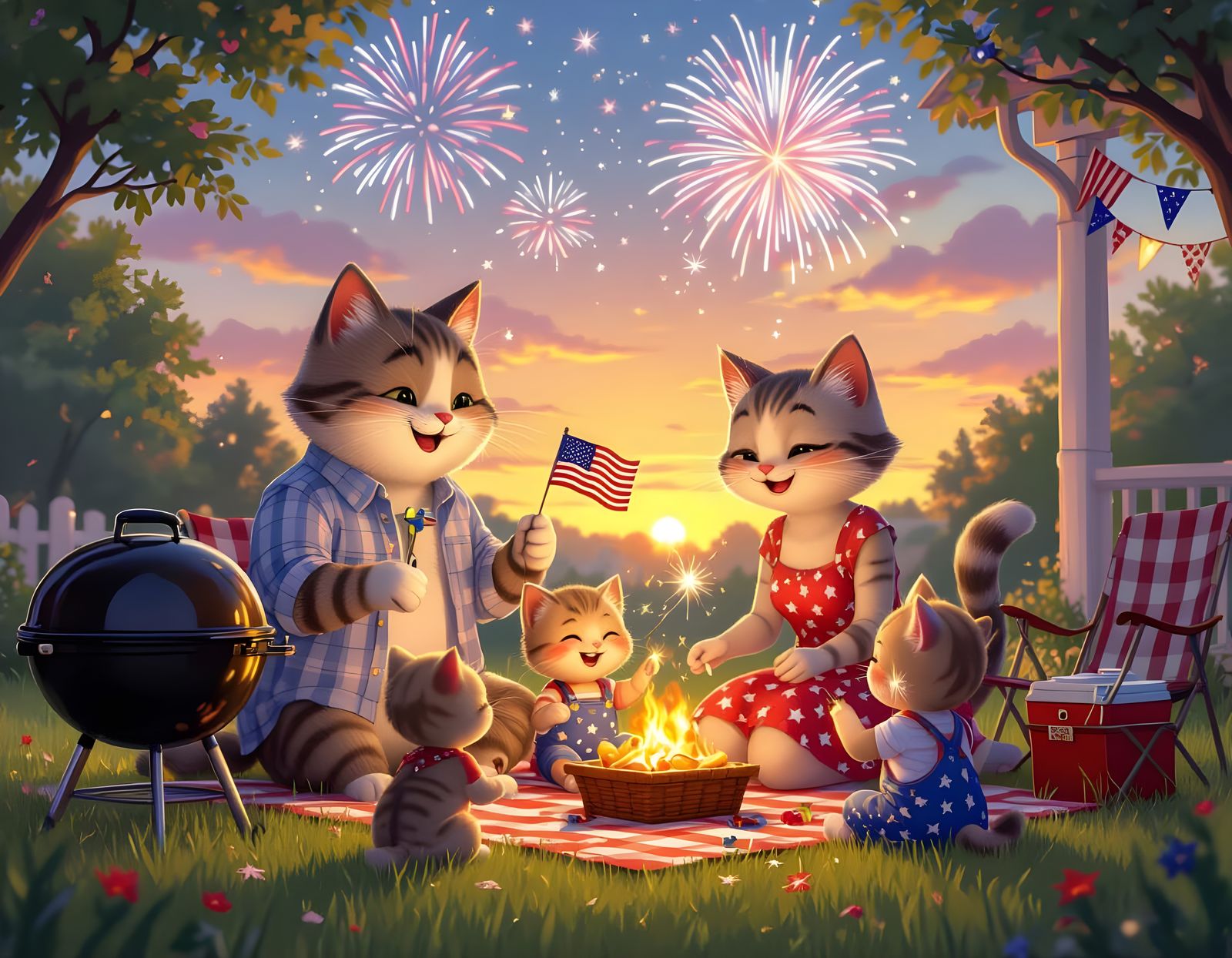 Cat Family Celebrates Fourth of July at Sunset