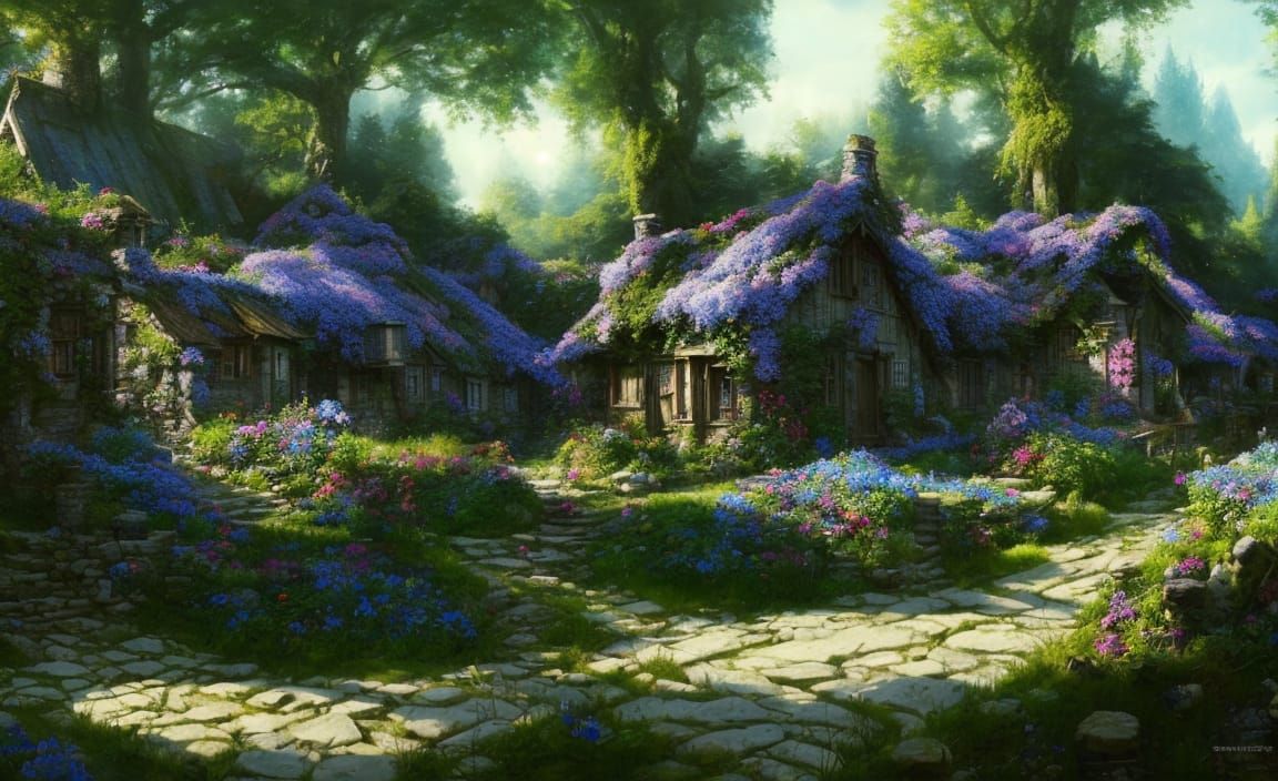 Riverside Medieval City with Fairy Garden in Fantasy Art