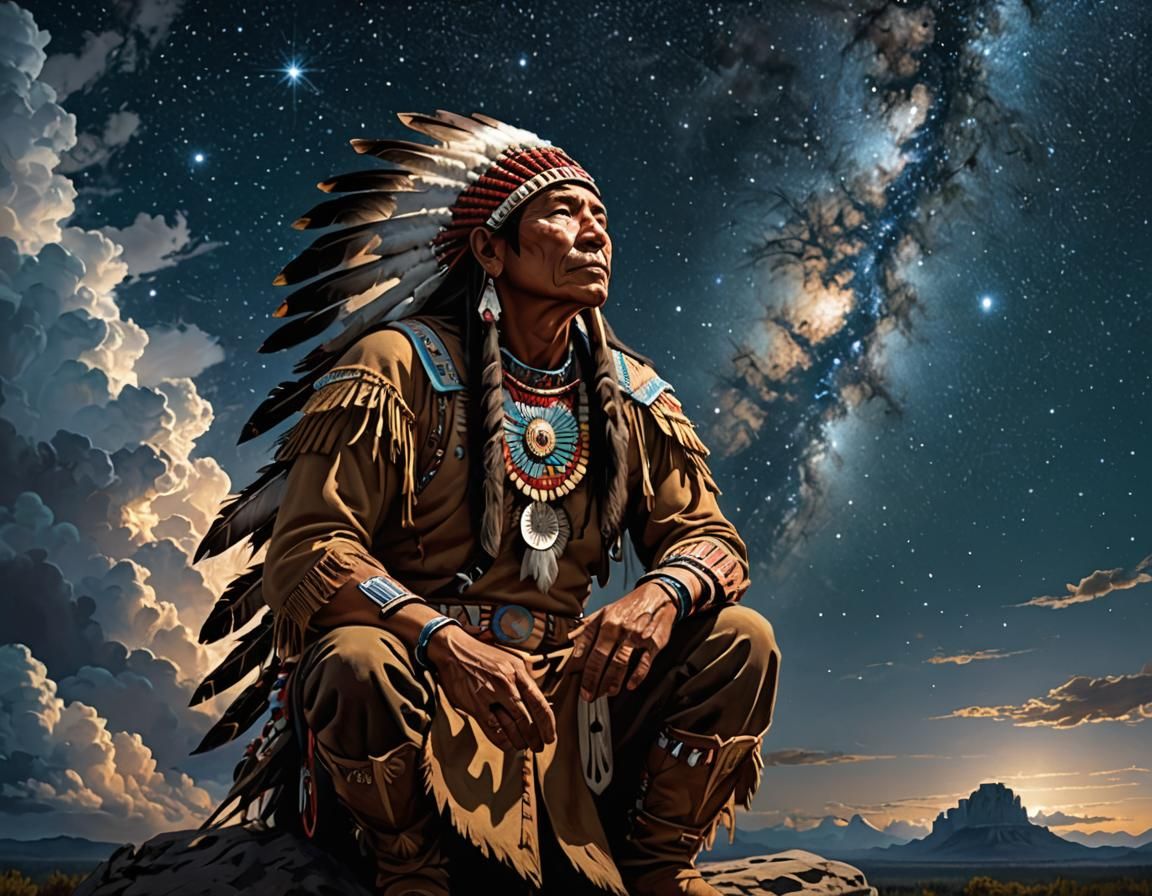 Native Warrior and Chief Spirit in Starry Sky