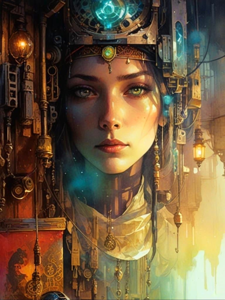 Robot Fortune Teller in Dreamlike Watercolor Alley