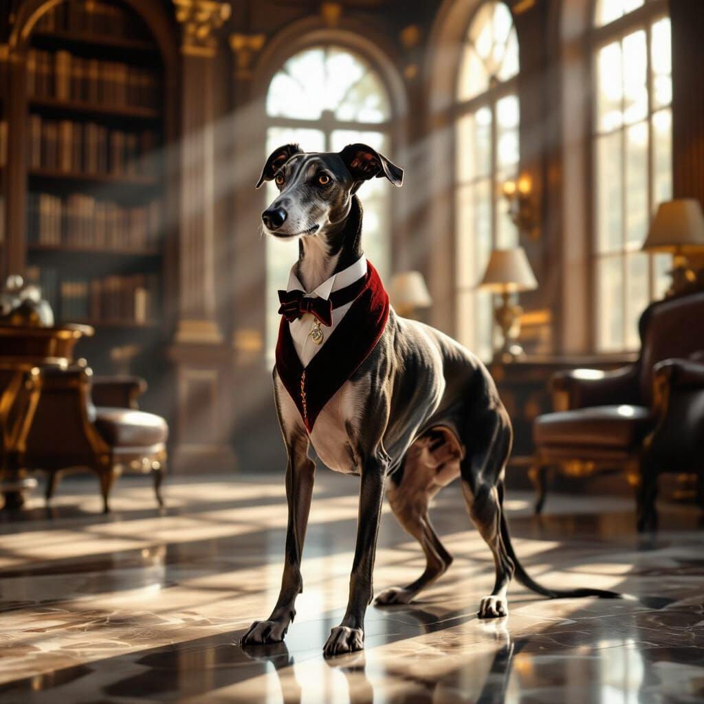 Regal Greyhound in Opulent Bentley Mansion Library