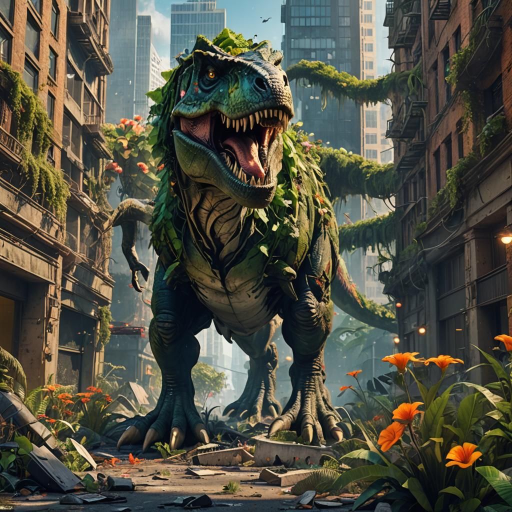 Fantastical Urban Jungle at Dusk, with T-Rex and Feathered D...