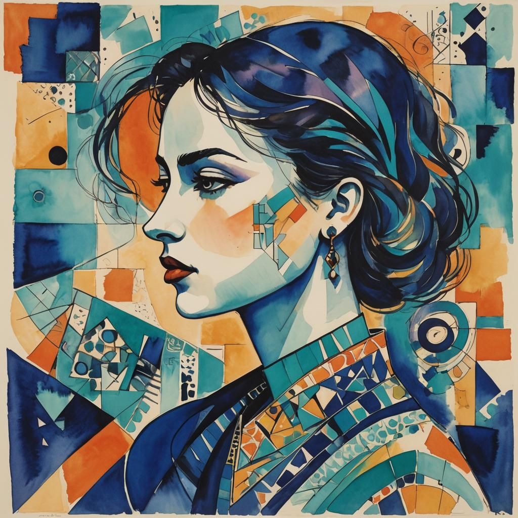 Geometric Woman Portrait in Cubist Watercolor Style