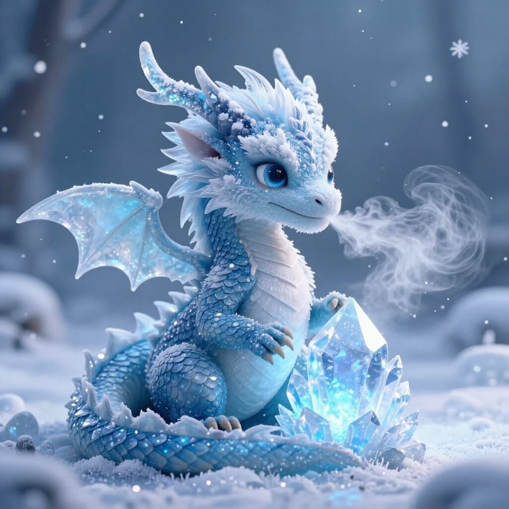 Adorable Baby Ice Dragon with Crystal