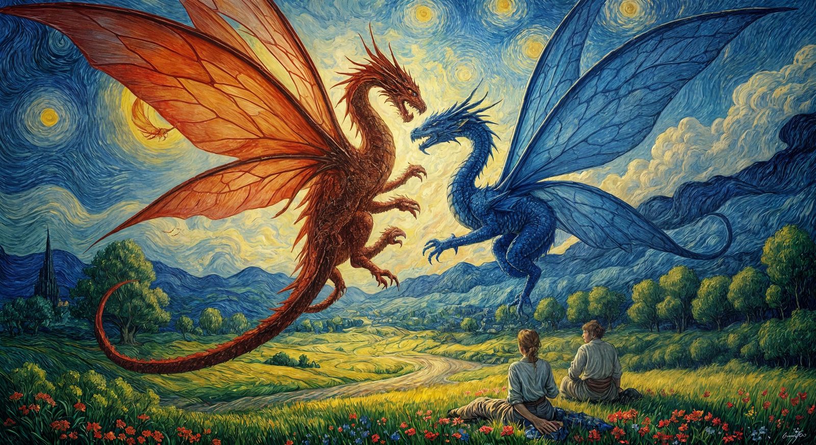 Red Dragon vs Blue Dragon in Impressionist Style