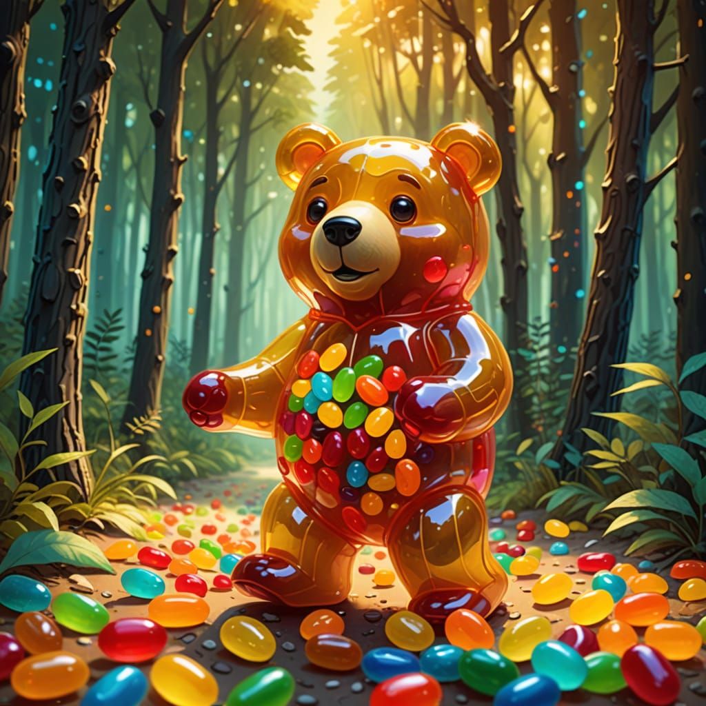 Jelly Bean Bear in Forest: Whimsical Oil Painting