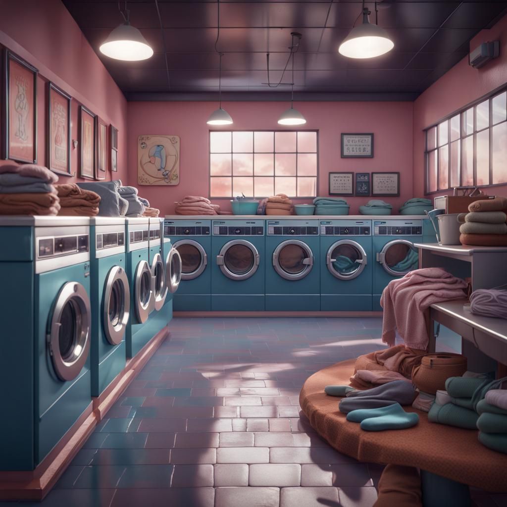 Aesthetic Laundromat with Bucket of Socks