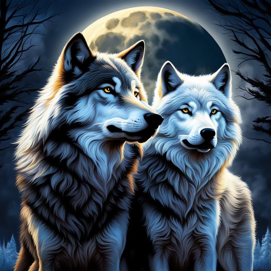 Romantic Grey Wolf Couple Under Full Moon