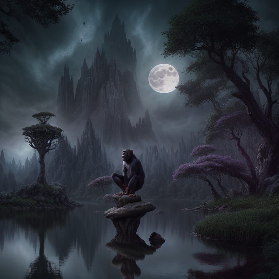Chimp Wizard Casting Spells by Moonlit Lake
