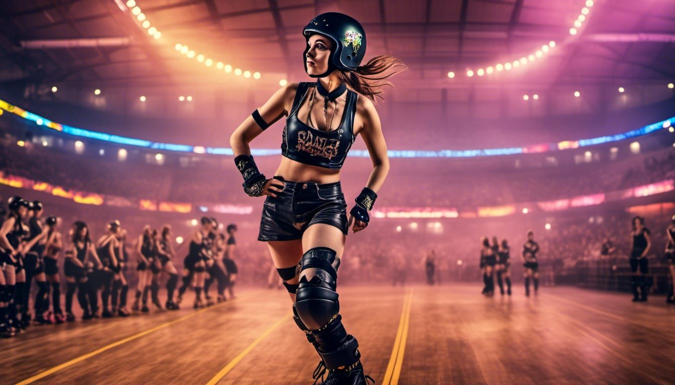 Roller Derby Action Scene in Neon-Lit Arena