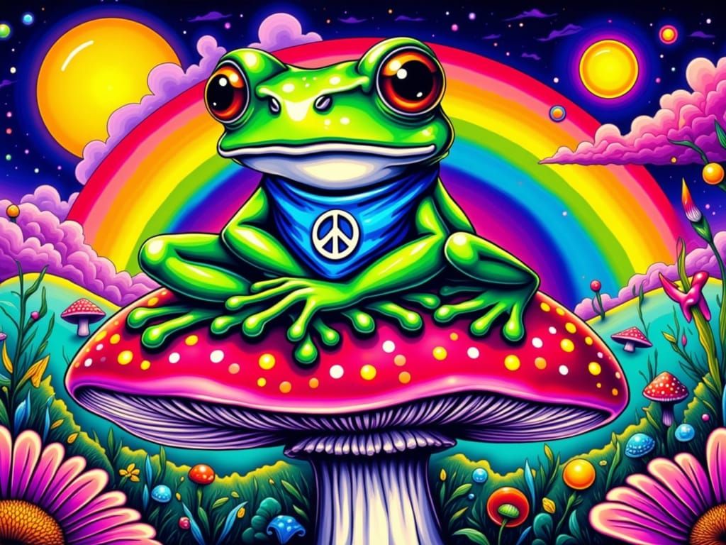 frog surreal hippie whimsical pop art <lora:Funny  Frogs:1.0> <lora:whimsical frogs:1.0> <lora:Hippie Fest:1.0> <lora:fa...
