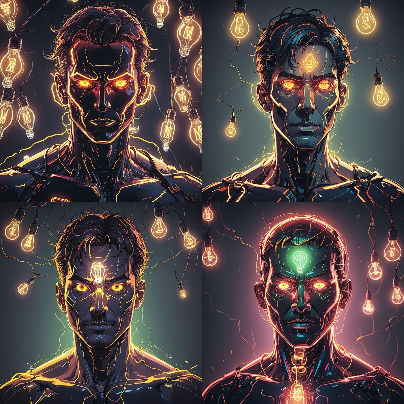 Neon Lightbulb Man Portrait in Anime Style