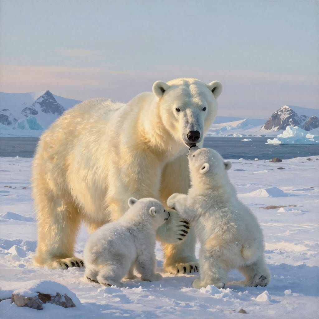 Mother Polar Bear With Cubs in Arctic Snowscape