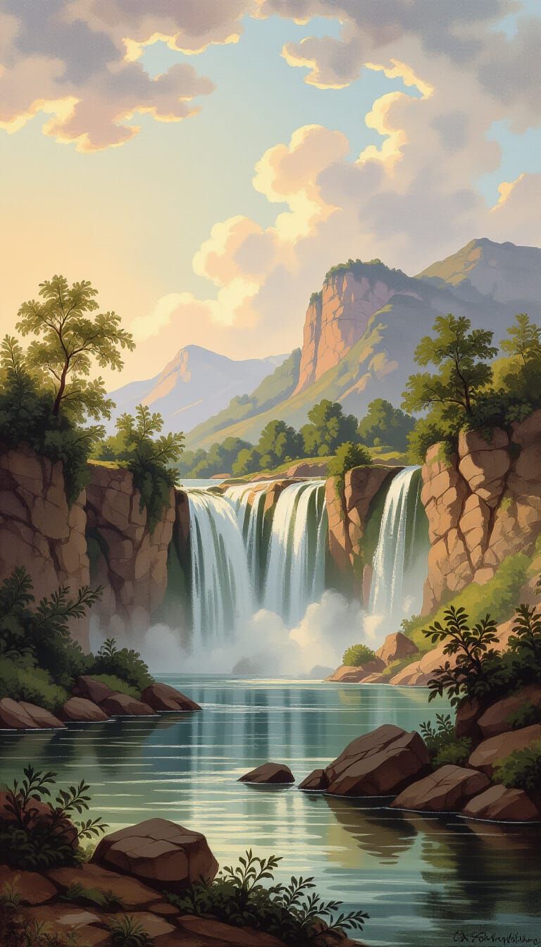 Waterfall Landscape in Style of Old Masters Painting