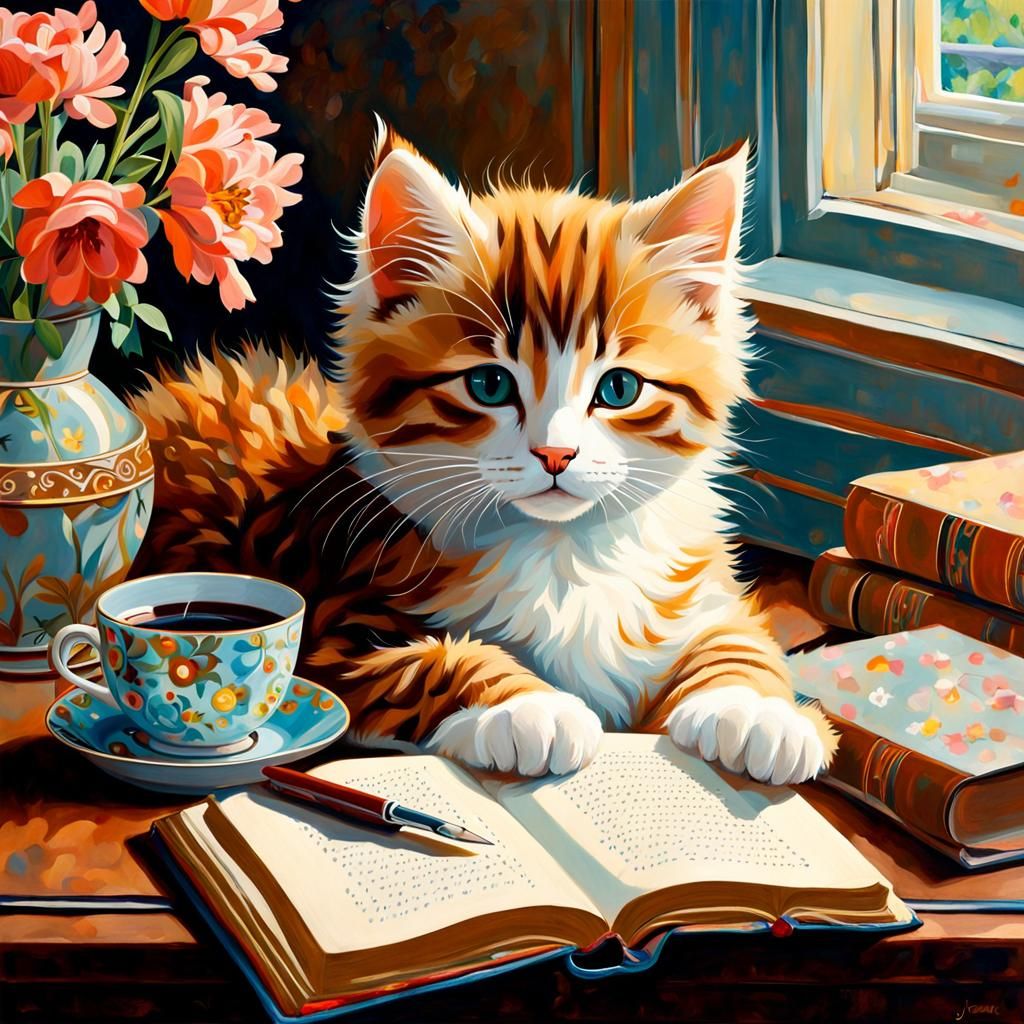 Cozy Study with Sleeping Kitten in Acrylic Style