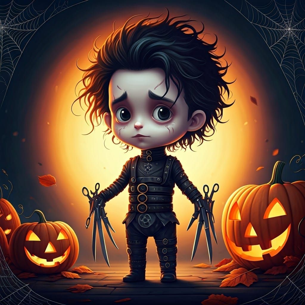 Chibi Edward Scissorhands in Halloween Scene