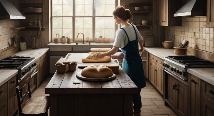 Baker Kneading Dough in Rustic Kitchen Oil Painting