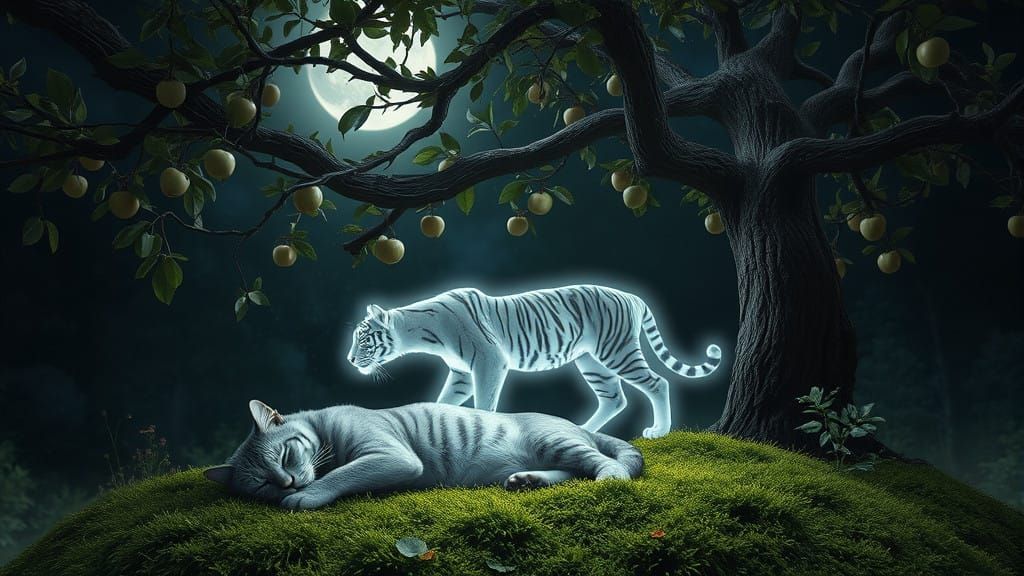 Moonlit Dreamscapes: Tiger and Cat Coexist in Tranquil Garde...