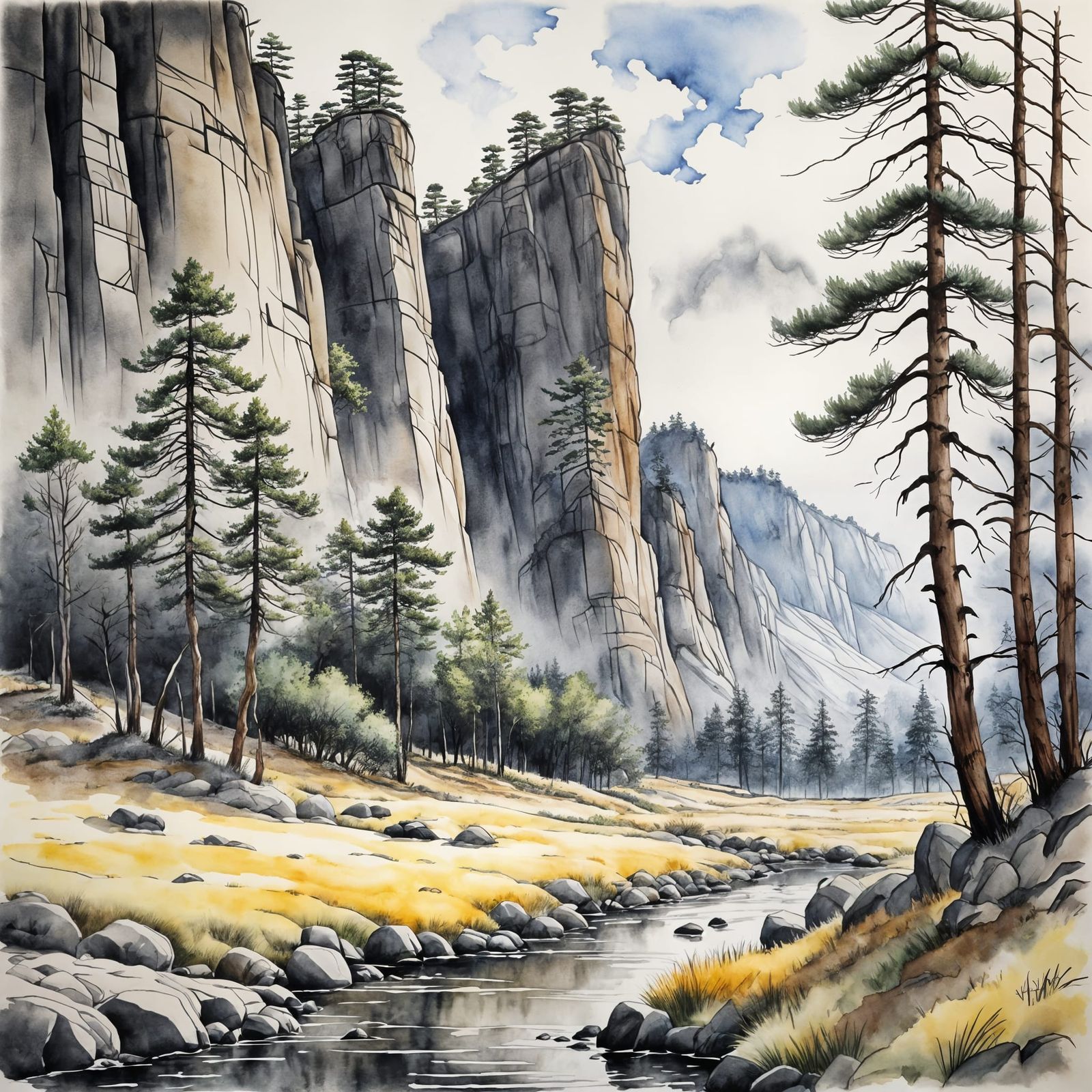 Ink Wash Painting of Basalt Cliffs and Grasslands