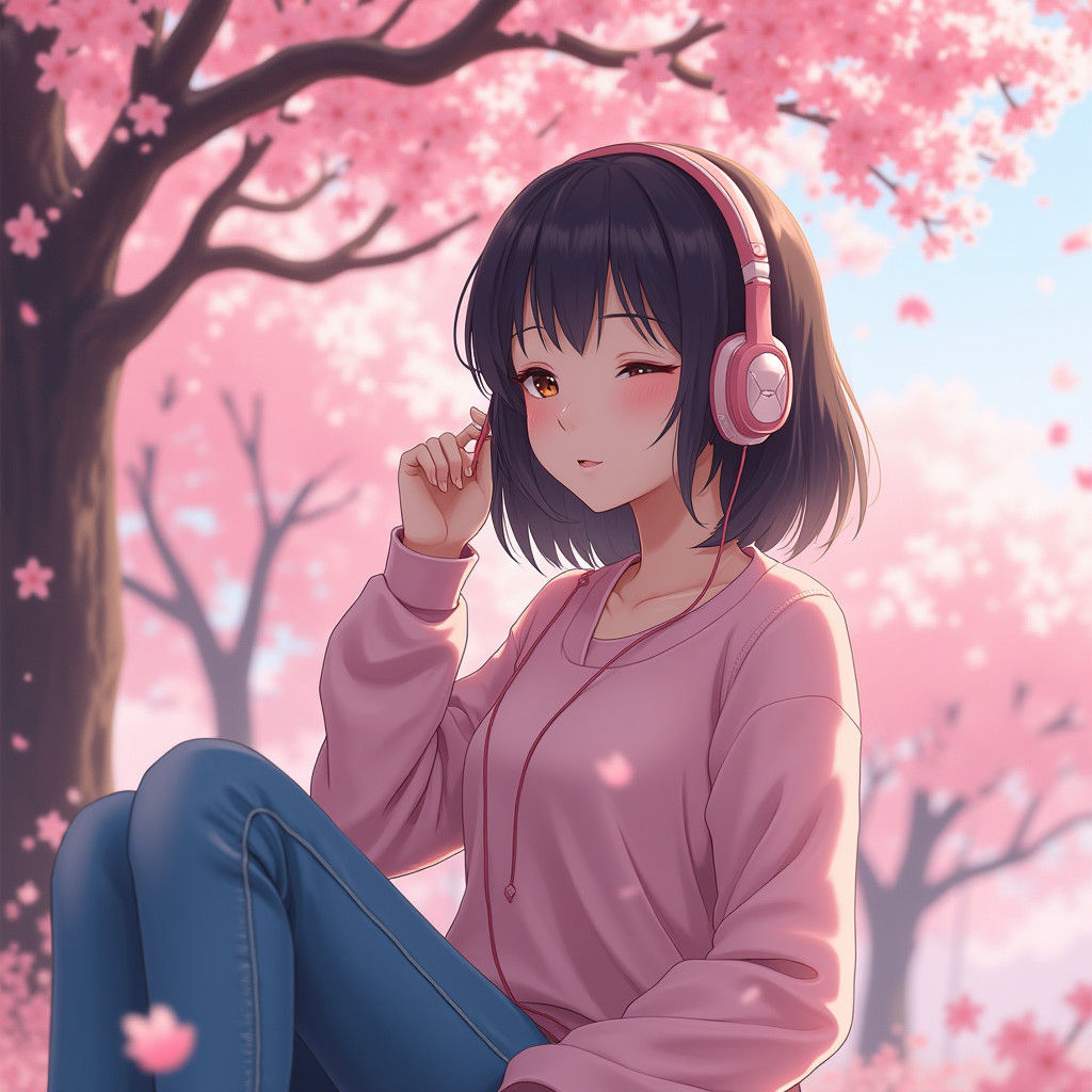 Woman Listening to Music Under Cherry Blossoms