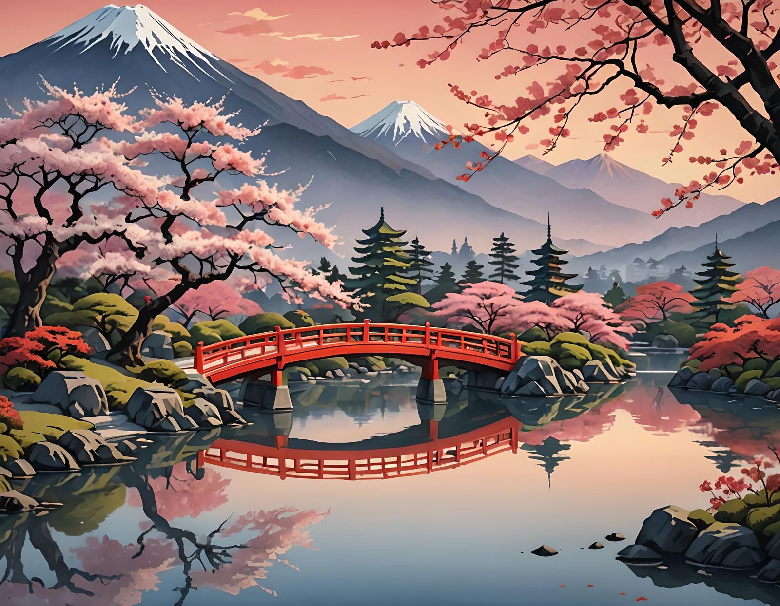 Serene Japanese Garden at Sunset in Ukiyo-e Style